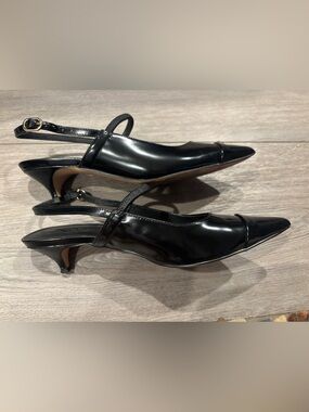 J Crew Kitten Heels Womens 7 Black Leather Robin Mary Jane Slingback Black Shoe